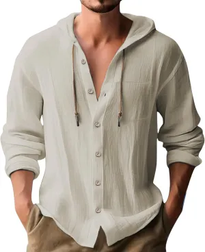 100 Percent Cotton Linen Hoodies for Men Long Sleeve Button Down Shirt Active Athletic Workout Sweatshirts for Men
