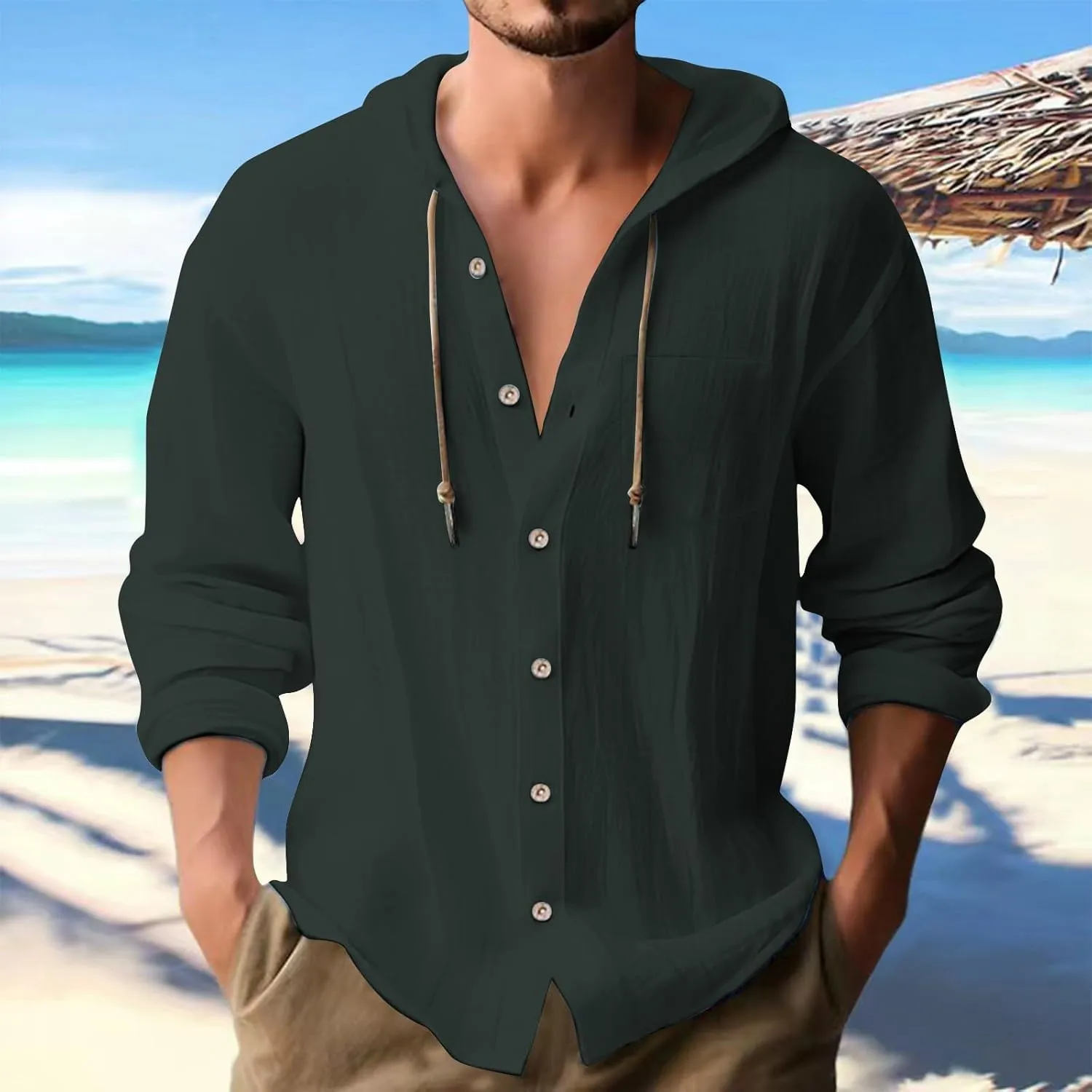 100 Percent Cotton Linen Hoodies for Men Long Sleeve Button Down Shirt Active Athletic Workout Sweatshirts for Men