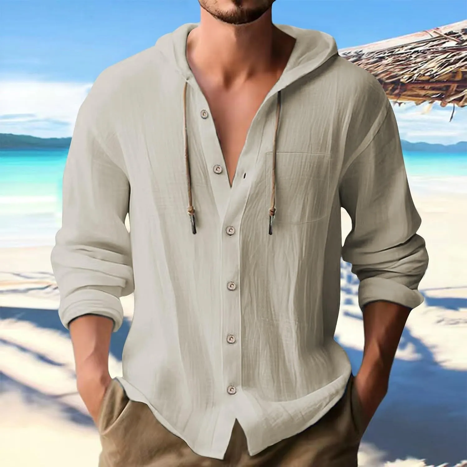 100 Percent Cotton Linen Hoodies for Men Long Sleeve Button Down Shirt Active Athletic Workout Sweatshirts for Men