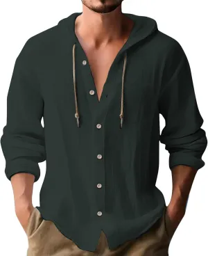 100 Percent Cotton Linen Hoodies for Men Long Sleeve Button Down Shirt Active Athletic Workout Sweatshirts for Men