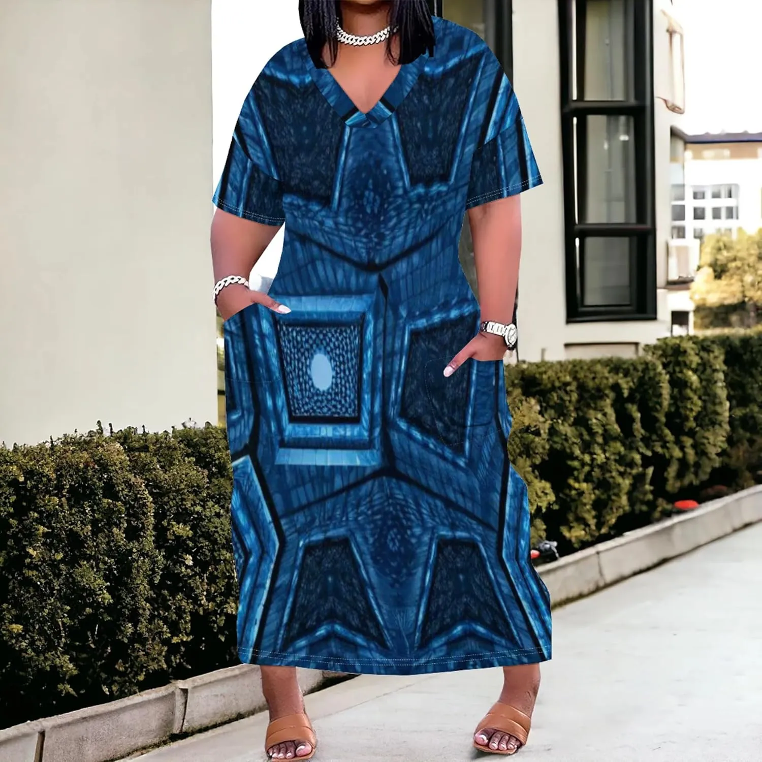 2024 Fahion Women's Plus Size Maxi Dresses Summer V Neck Casual Short Sleeve Party Long Sundress XL-6XL with Pockets