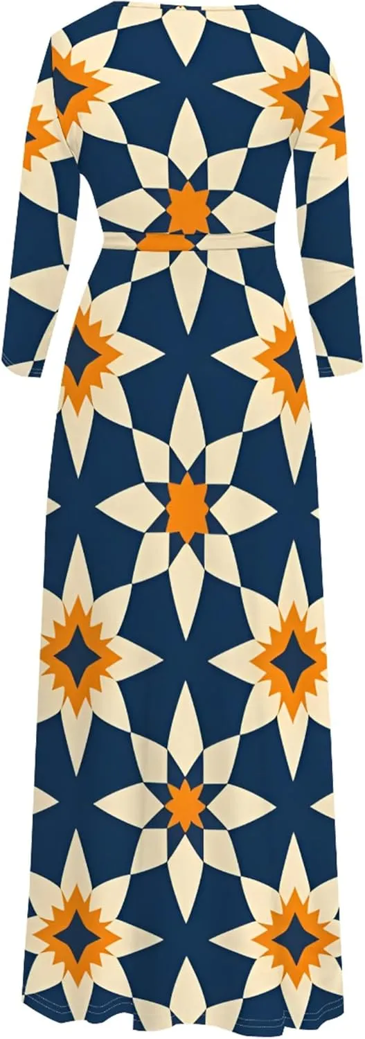 2024 Fall Maxi Dress for Curvy Women Casual Sexy Bodycon V-Neck 3/4 Sleeve Floral Flowy Boho Wrap Sundress with Belt