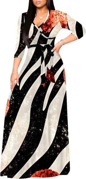 2024 Fall Maxi Dress for Curvy Women Casual Sexy Bodycon V-Neck 3/4 Sleeve Floral Flowy Boho Wrap Sundress with Belt