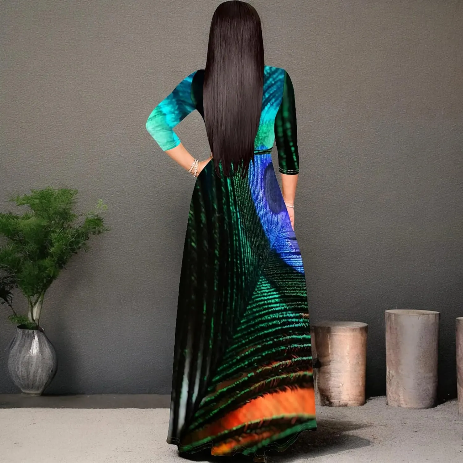 2024 Fall Maxi Dress for Curvy Women Casual Sexy Bodycon V-Neck 3/4 Sleeve Floral Flowy Boho Wrap Sundress with Belt