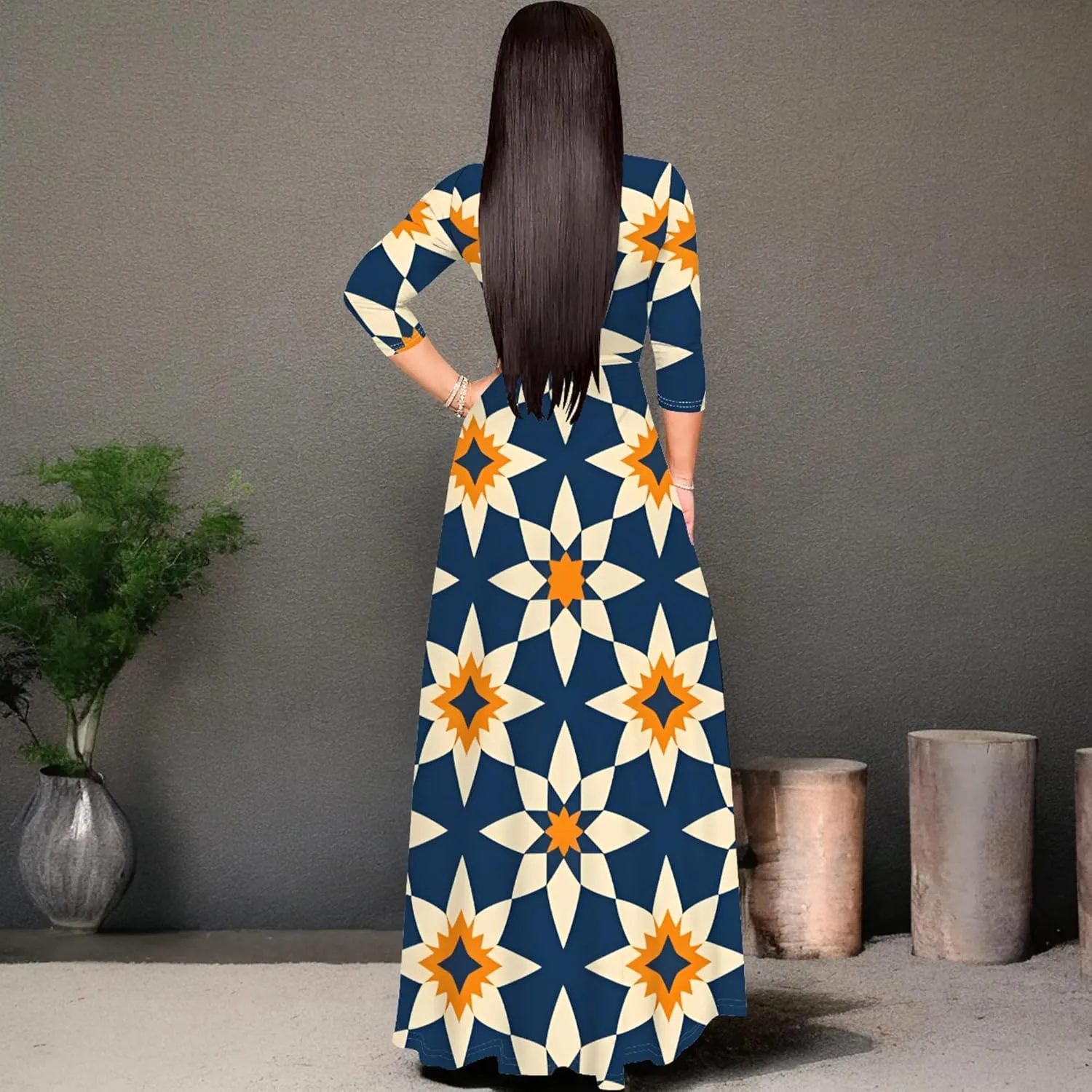2024 Fall Maxi Dress for Curvy Women Casual Sexy Bodycon V-Neck 3/4 Sleeve Floral Flowy Boho Wrap Sundress with Belt