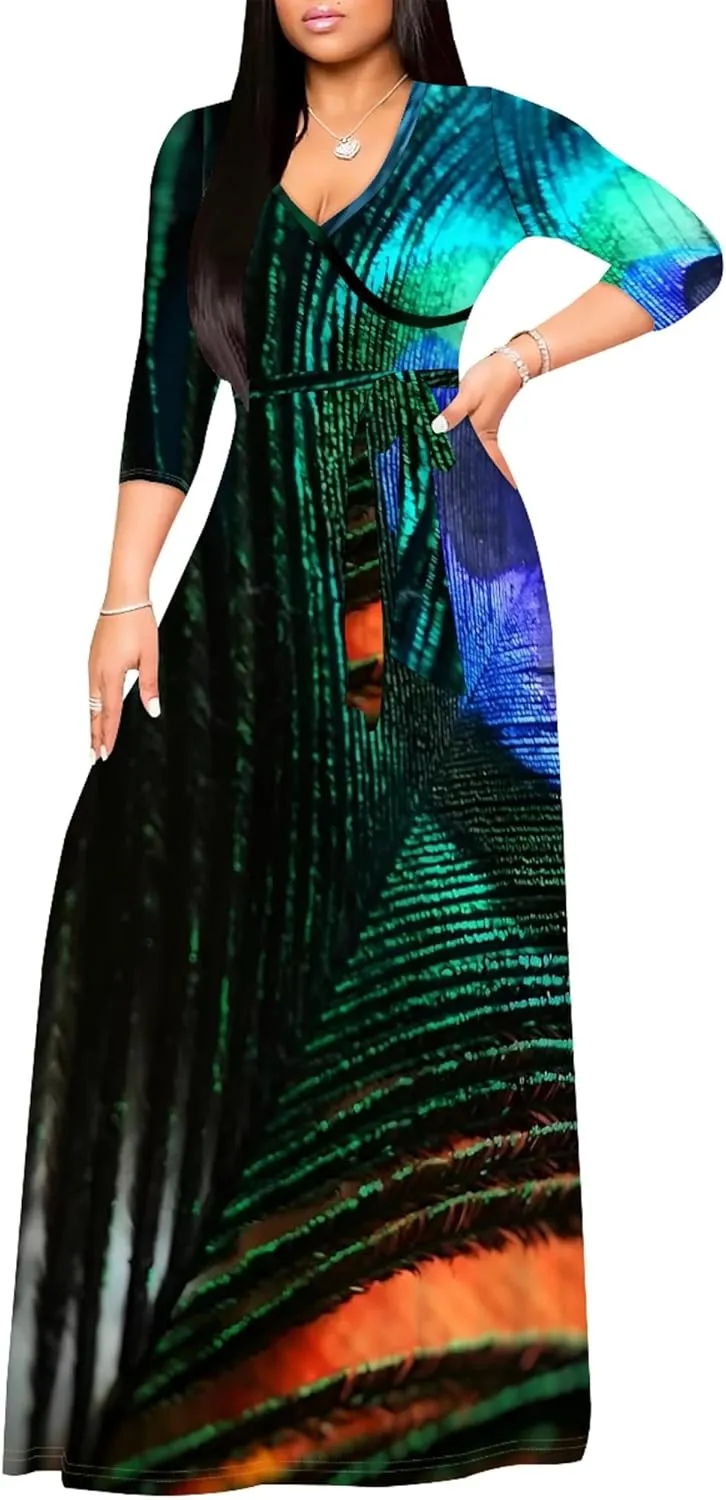 2024 Fall Maxi Dress for Curvy Women Casual Sexy Bodycon V-Neck 3/4 Sleeve Floral Flowy Boho Wrap Sundress with Belt