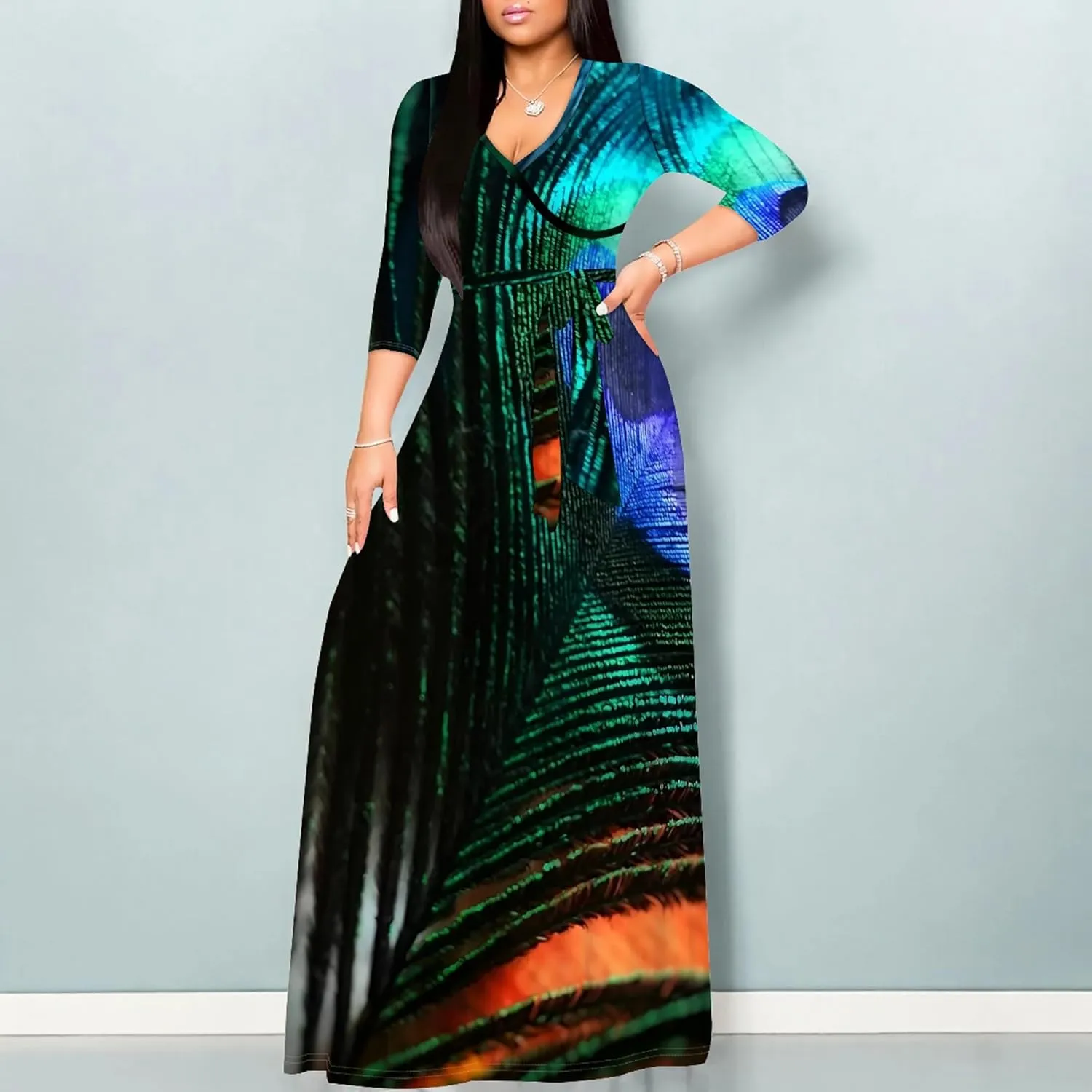 2024 Fall Maxi Dress for Curvy Women Casual Sexy Bodycon V-Neck 3/4 Sleeve Floral Flowy Boho Wrap Sundress with Belt