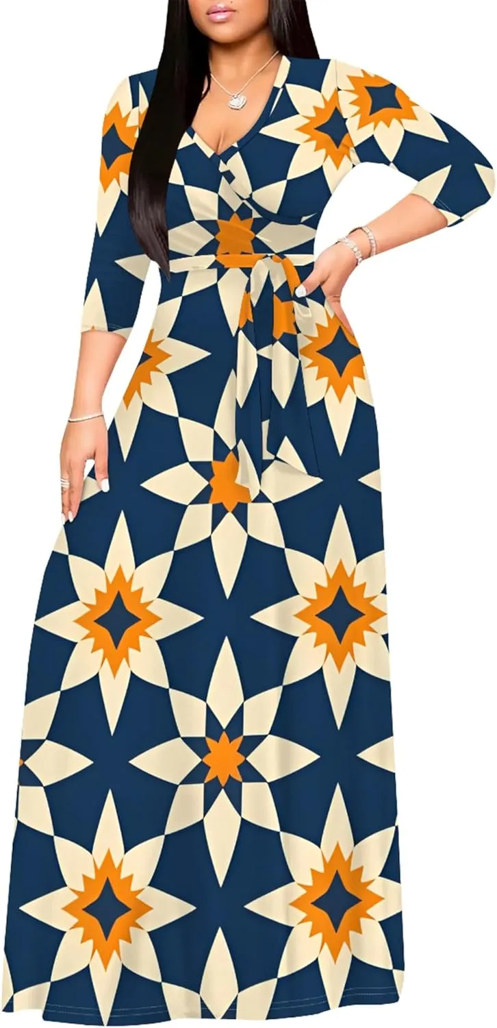 2024 Fall Maxi Dress for Curvy Women Casual Sexy Bodycon V-Neck 3/4 Sleeve Floral Flowy Boho Wrap Sundress with Belt