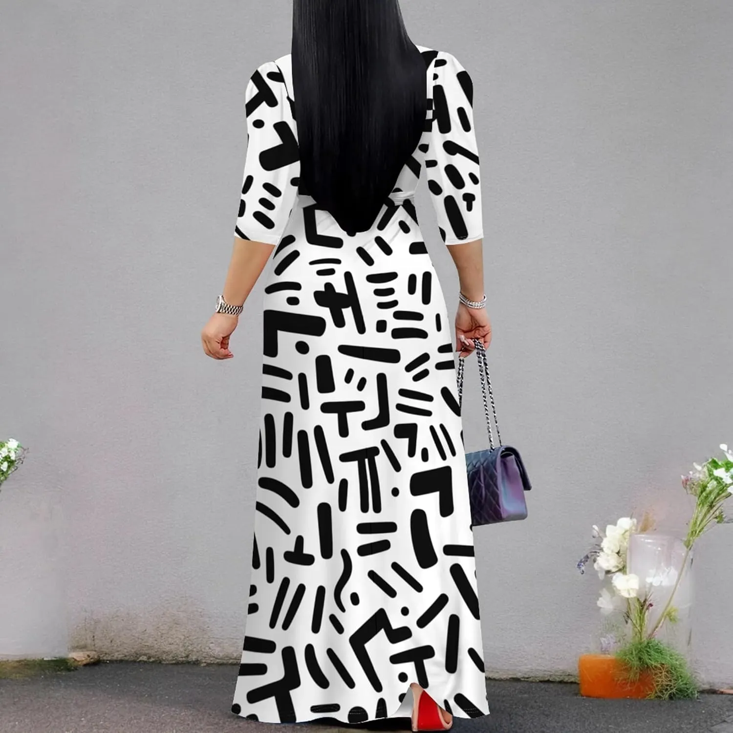 2024 Plus Size Fall Maxi Dress for Women Casual Sexy V-Neck 3/4 Sleeve Printed Flowy Boho Beach Sundress with Belt