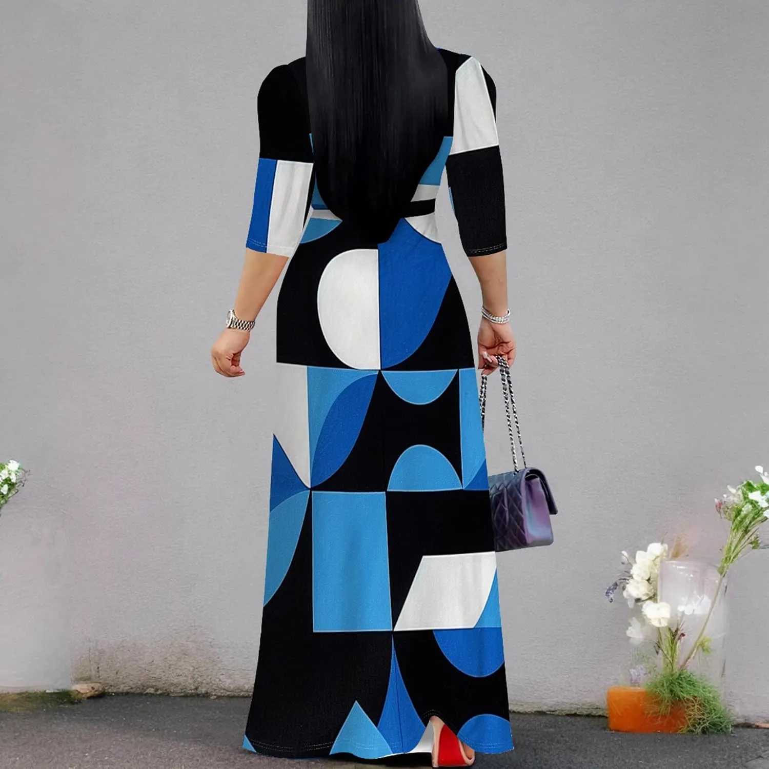 2024 Plus Size Fall Maxi Dress for Women Casual Sexy V-Neck 3/4 Sleeve Printed Flowy Boho Beach Sundress with Belt