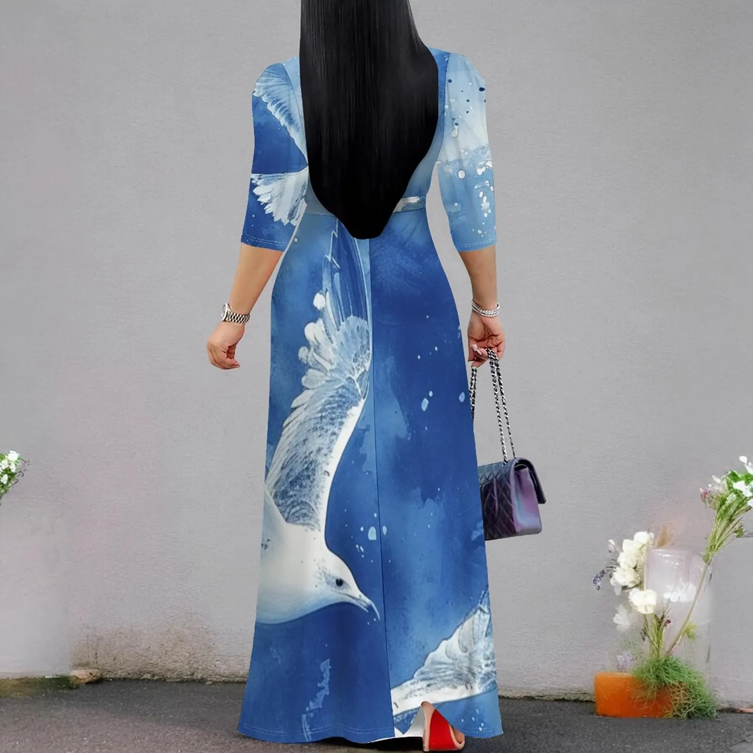 2024 Plus Size Fall Maxi Dress for Women Casual Sexy V-Neck 3/4 Sleeve Printed Flowy Boho Beach Sundress with Belt