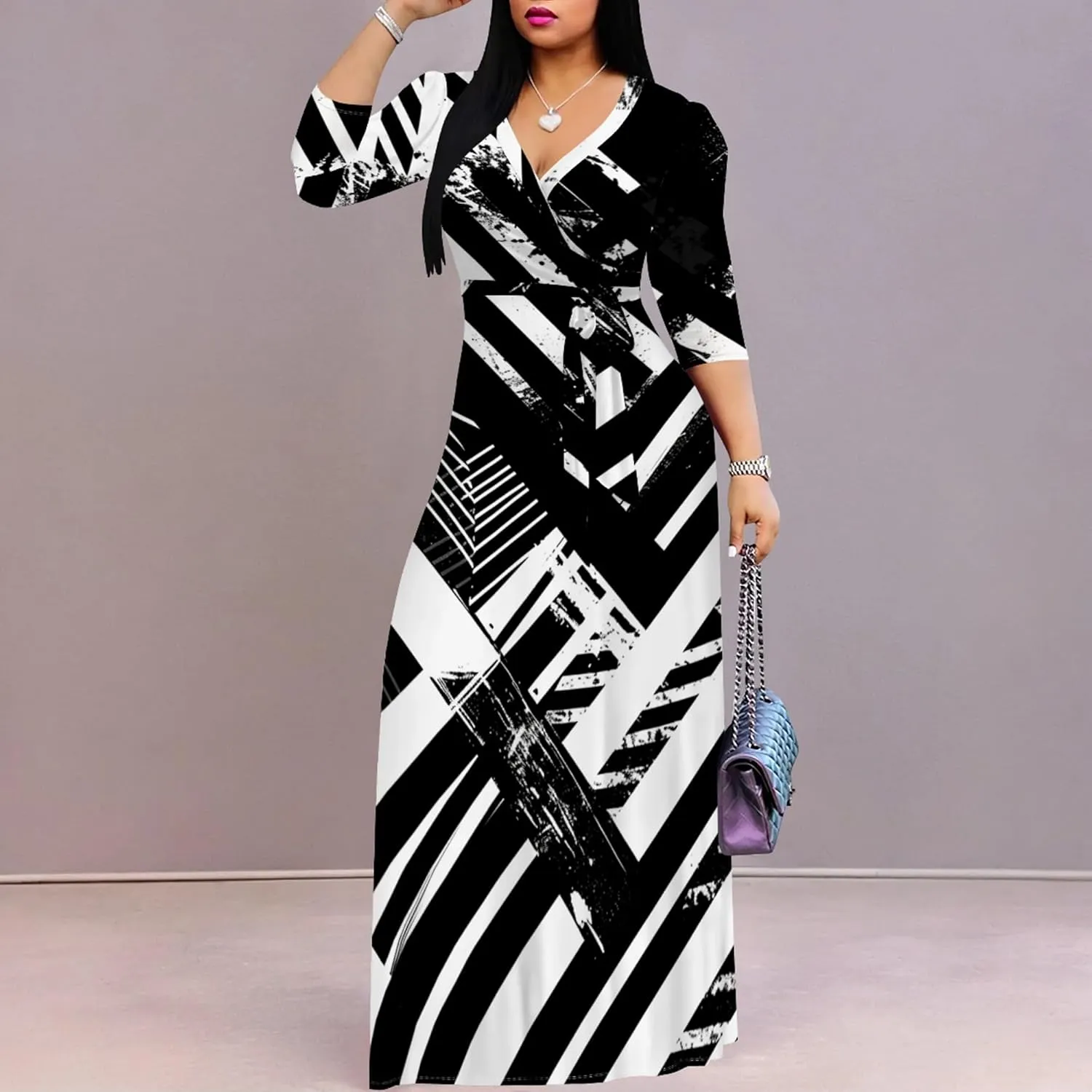 2024 Plus Size Fall Maxi Dress for Women Casual Sexy V-Neck 3/4 Sleeve Printed Flowy Boho Beach Sundress with Belt