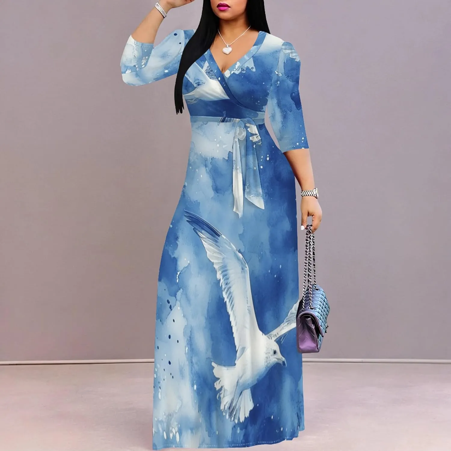 2024 Plus Size Fall Maxi Dress for Women Casual Sexy V-Neck 3/4 Sleeve Printed Flowy Boho Beach Sundress with Belt