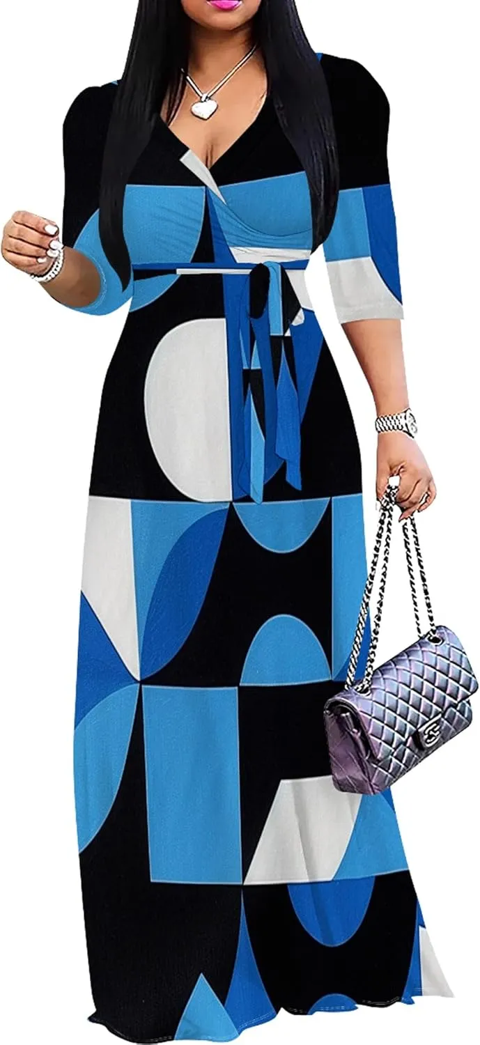 2024 Plus Size Fall Maxi Dress for Women Casual Sexy V-Neck 3/4 Sleeve Printed Flowy Boho Beach Sundress with Belt