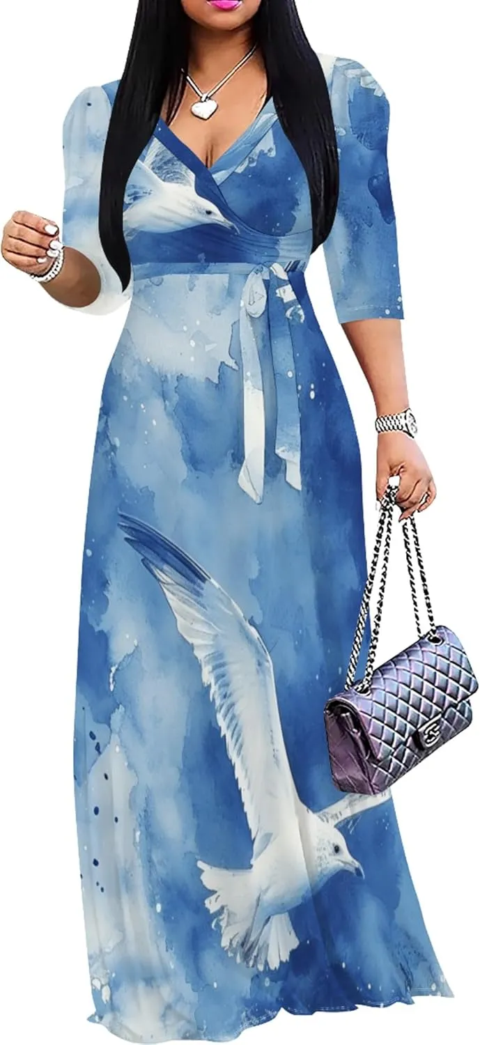 2024 Plus Size Fall Maxi Dress for Women Casual Sexy V-Neck 3/4 Sleeve Printed Flowy Boho Beach Sundress with Belt