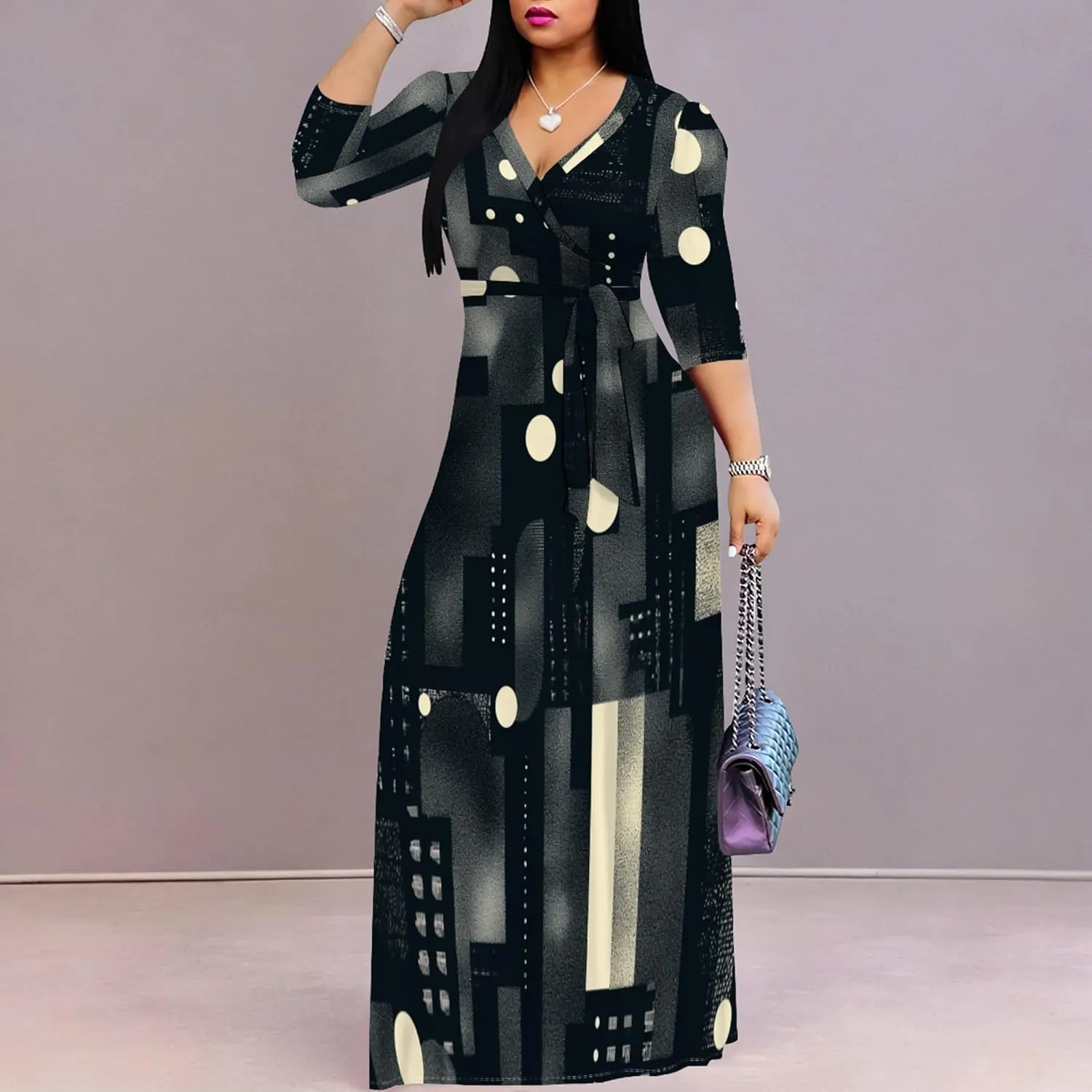 2024 Plus Size Fall Maxi Dress for Women Casual Sexy V-Neck 3/4 Sleeve Printed Flowy Boho Beach Sundress with Belt