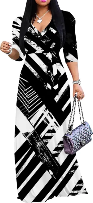 2024 Plus Size Fall Maxi Dress for Women Casual Sexy V-Neck 3/4 Sleeve Printed Flowy Boho Beach Sundress with Belt