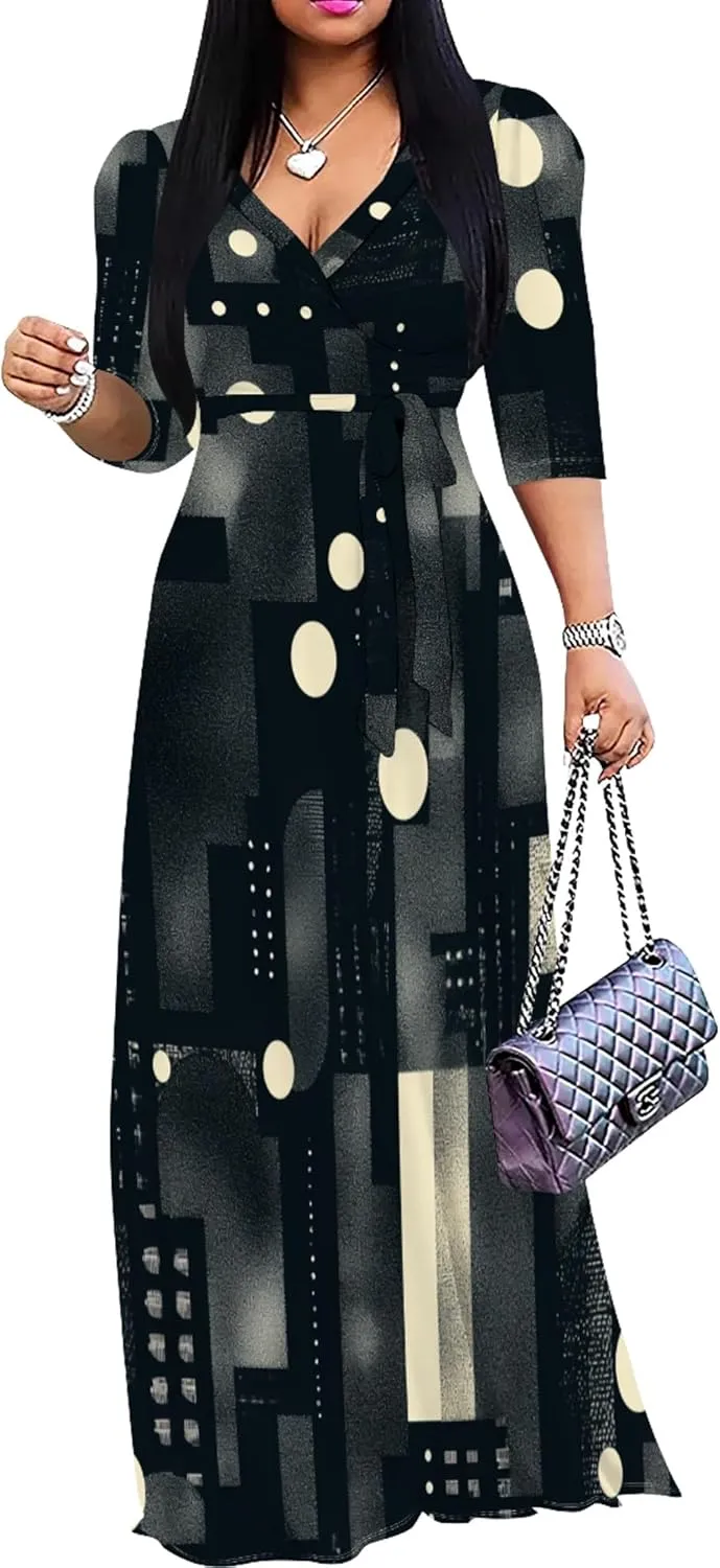 2024 Plus Size Fall Maxi Dress for Women Casual Sexy V-Neck 3/4 Sleeve Printed Flowy Boho Beach Sundress with Belt