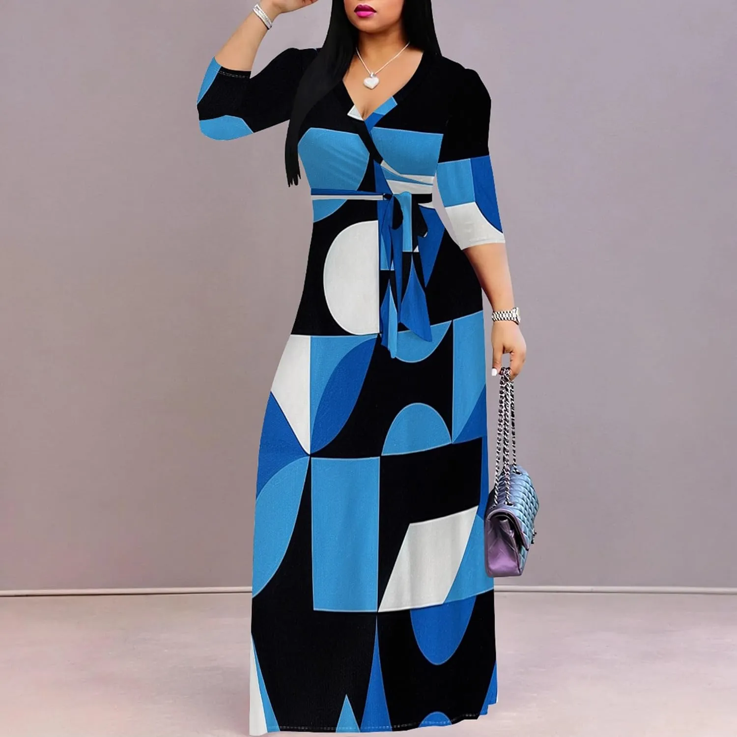 2024 Plus Size Fall Maxi Dress for Women Casual Sexy V-Neck 3/4 Sleeve Printed Flowy Boho Beach Sundress with Belt