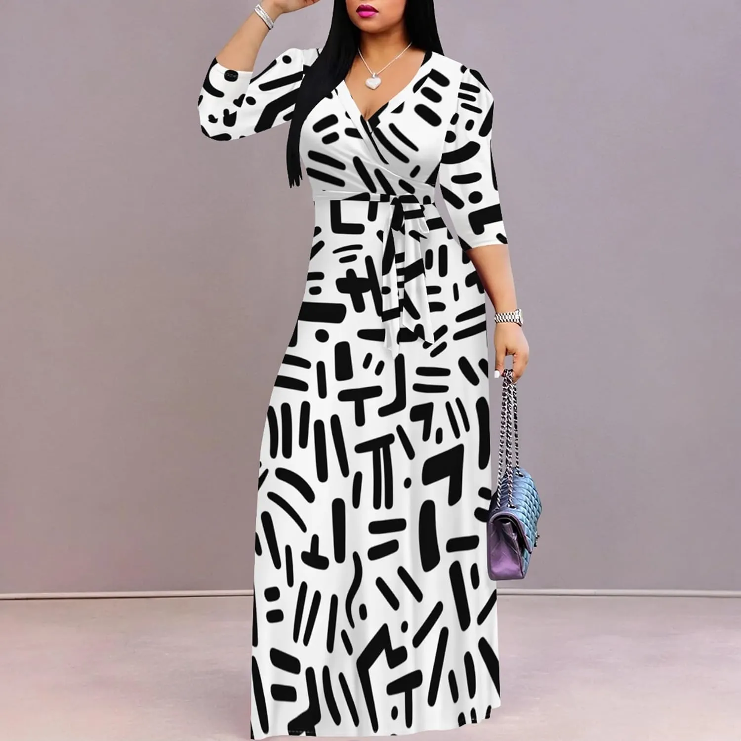 2024 Plus Size Fall Maxi Dress for Women Casual Sexy V-Neck 3/4 Sleeve Printed Flowy Boho Beach Sundress with Belt