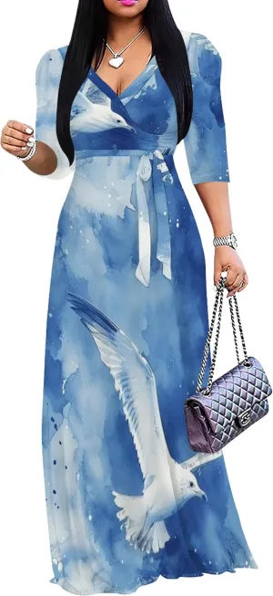 2024 Plus Size Fall Maxi Dress for Women Casual Sexy V-Neck 3/4 Sleeve Printed Flowy Boho Beach Sundress with Belt