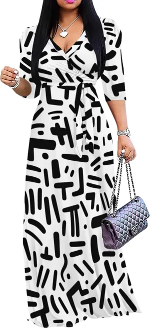 2024 Plus Size Fall Maxi Dress for Women Casual Sexy V-Neck 3/4 Sleeve Printed Flowy Boho Beach Sundress with Belt