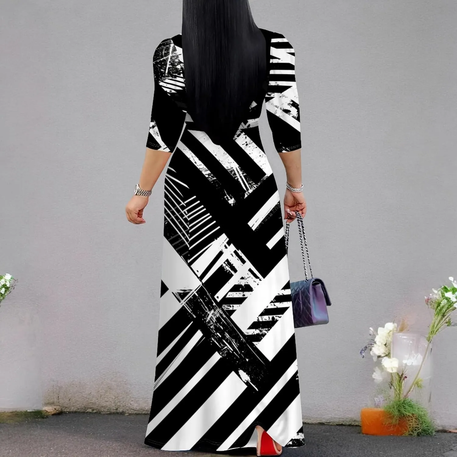 2024 Plus Size Fall Maxi Dress for Women Casual Sexy V-Neck 3/4 Sleeve Printed Flowy Boho Beach Sundress with Belt