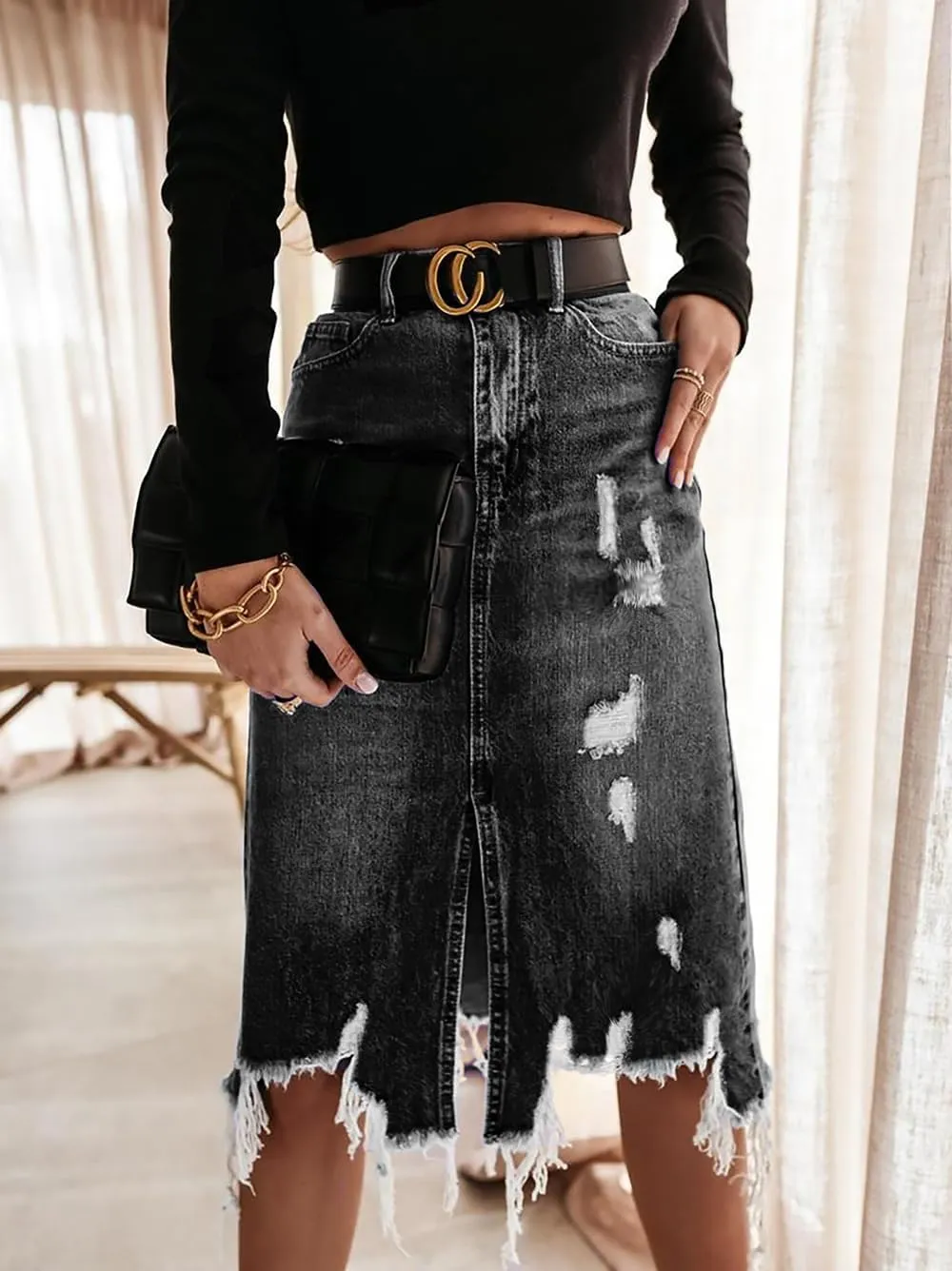 2025 New Women's High Waist A-line Denim Long Skirt, Women's Front Slit Denim Hip Skirt