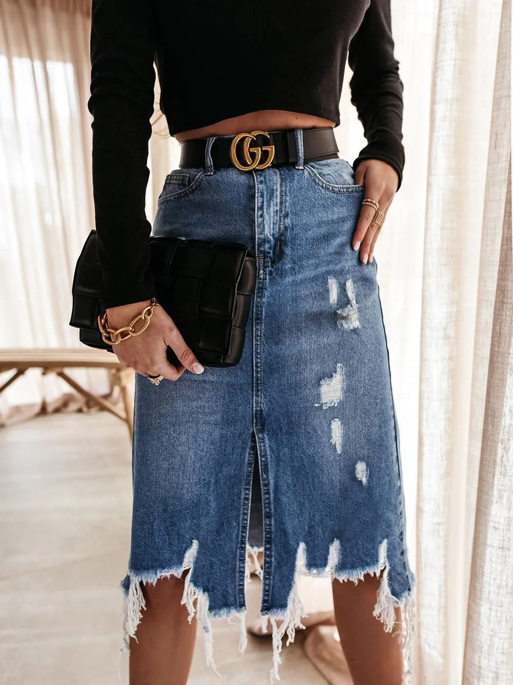 2025 New Women's High Waist A-line Denim Long Skirt, Women's Front Slit Denim Hip Skirt