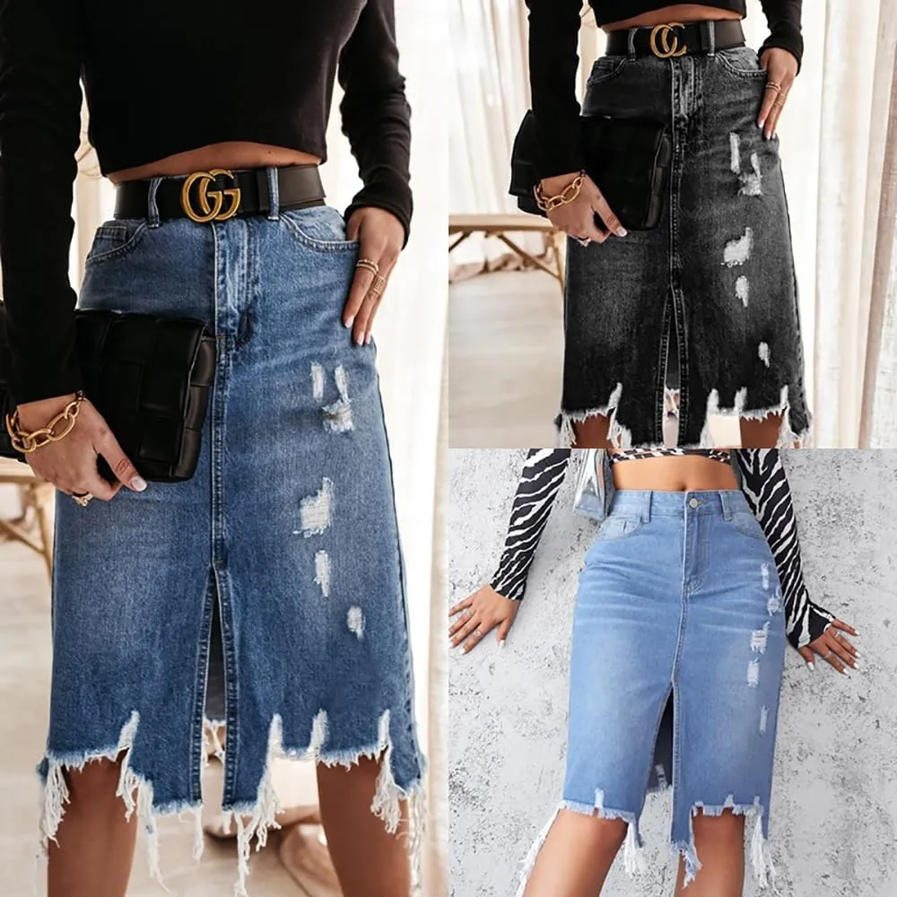 2025 New Women's High Waist A-line Denim Long Skirt, Women's Front Slit Denim Hip Skirt