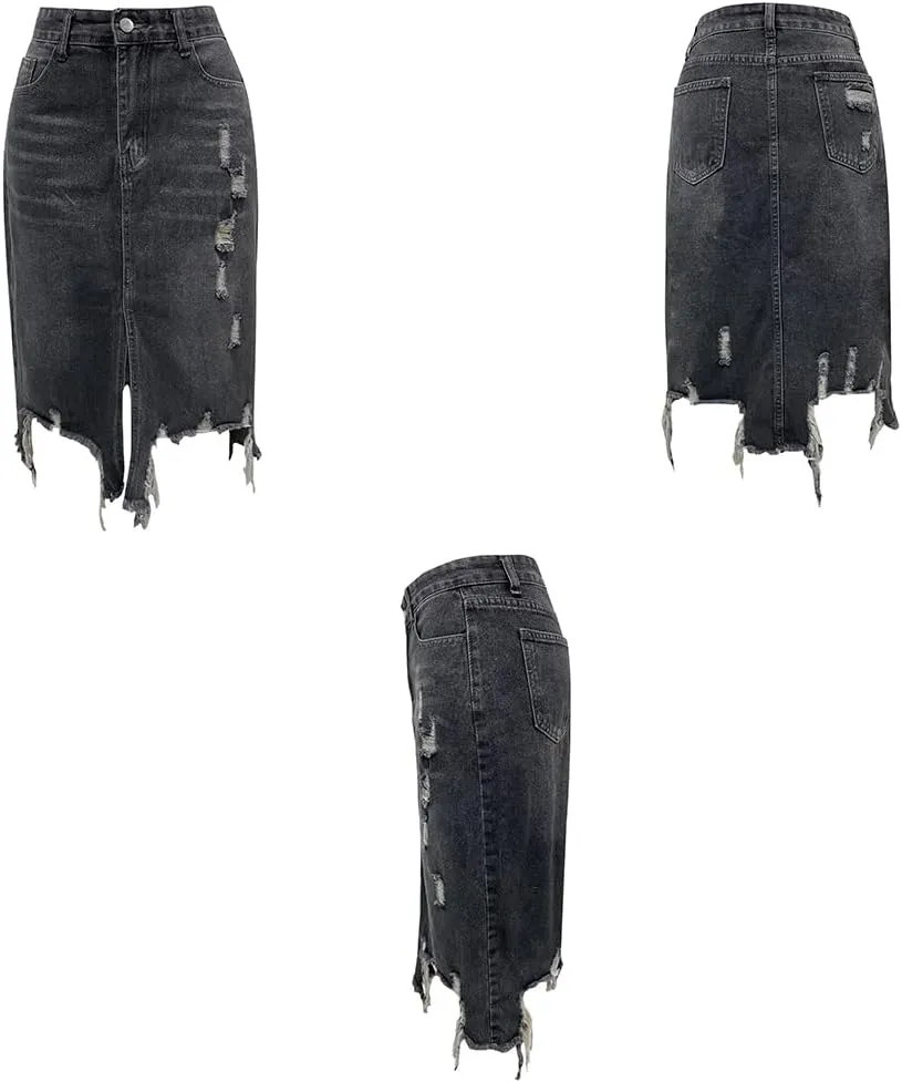 2025 New Women's High Waist A-line Denim Long Skirt, Women's Front Slit Denim Hip Skirt