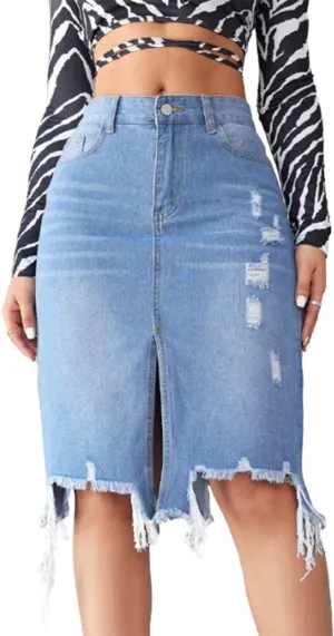 2025 New Women's High Waist A-line Denim Long Skirt, Women's Front Slit Denim Hip Skirt