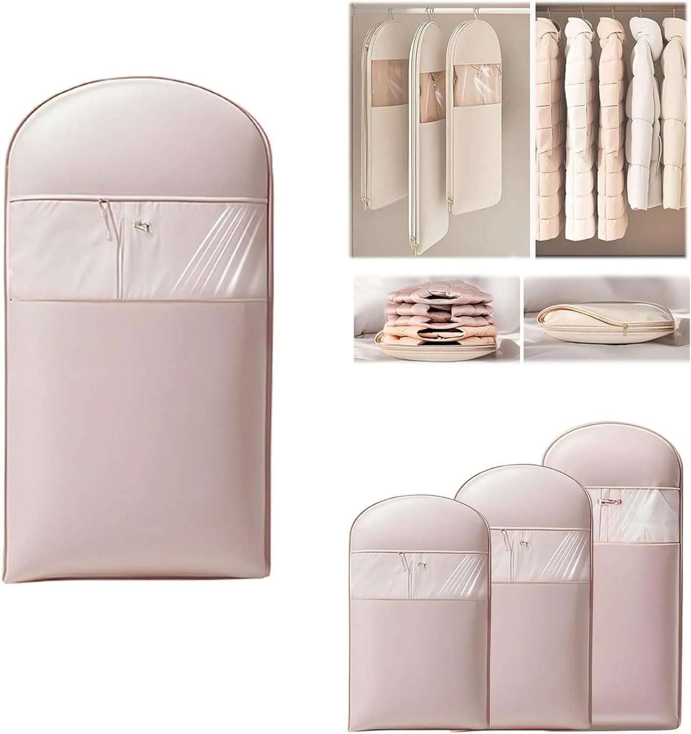 2025 Space Saving Hanging Garment Bag With Self Compression Zipper, Coat Covers For Closet With Zipper, Down Coat Compression Dust Cover For Clothes (Pink, M)