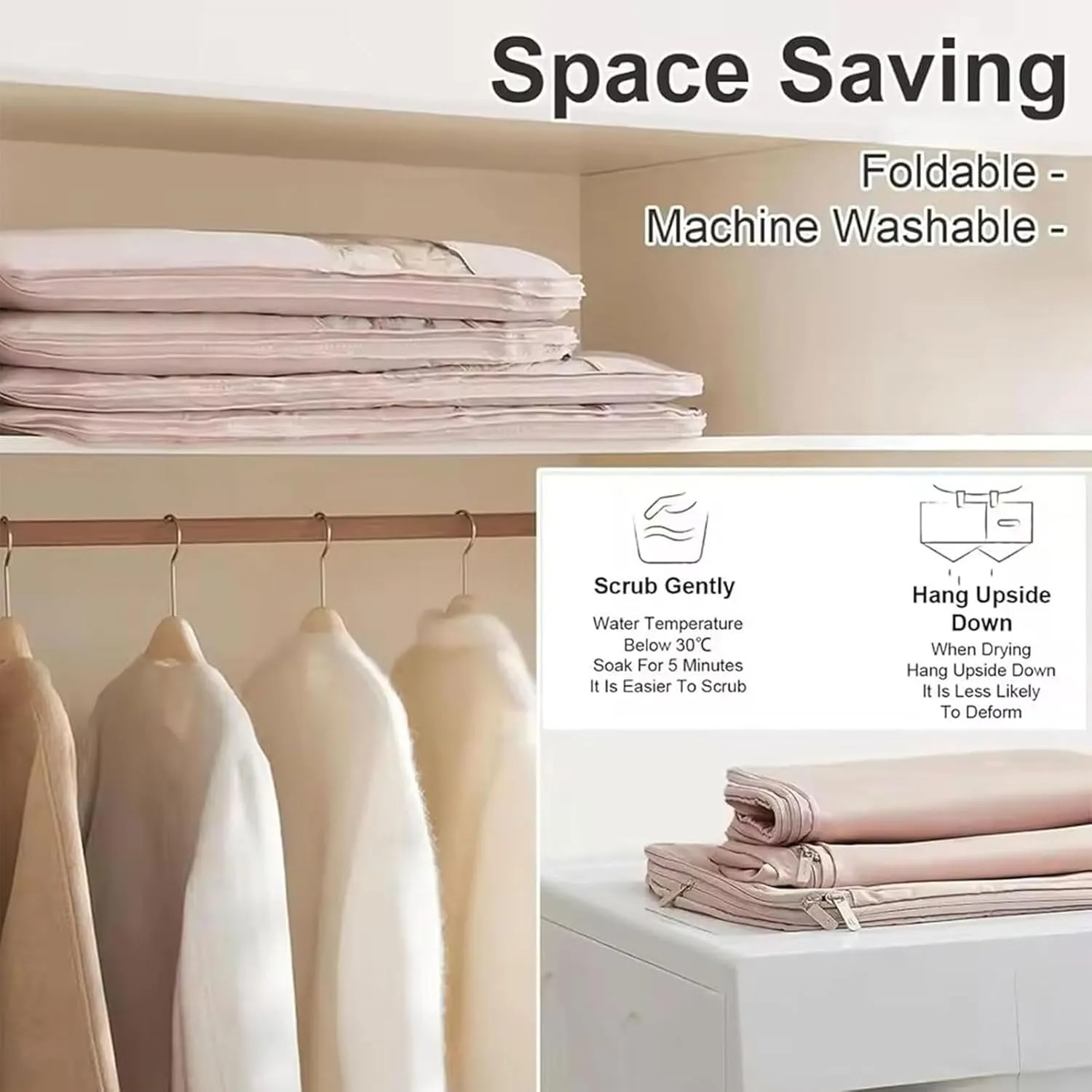2025 Space Saving Hanging Garment Bag With Self Compression Zipper, Coat Covers For Closet With Zipper, Down Coat Compression Dust Cover For Clothes (Pink, M)