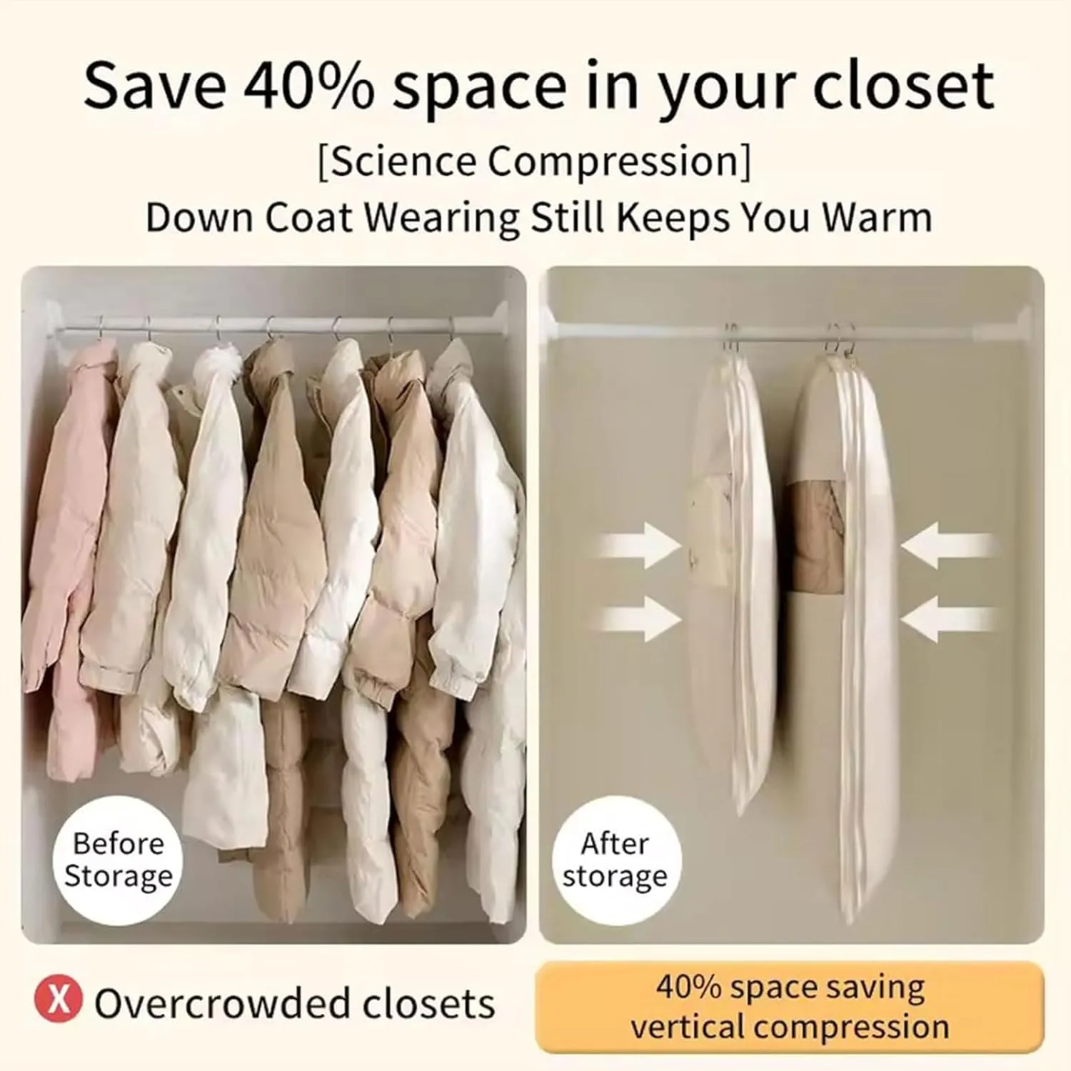 2025 Space Saving Hanging Garment Bag With Self Compression Zipper, Coat Covers For Closet With Zipper, Down Coat Compression Dust Cover For Clothes (Pink, M)