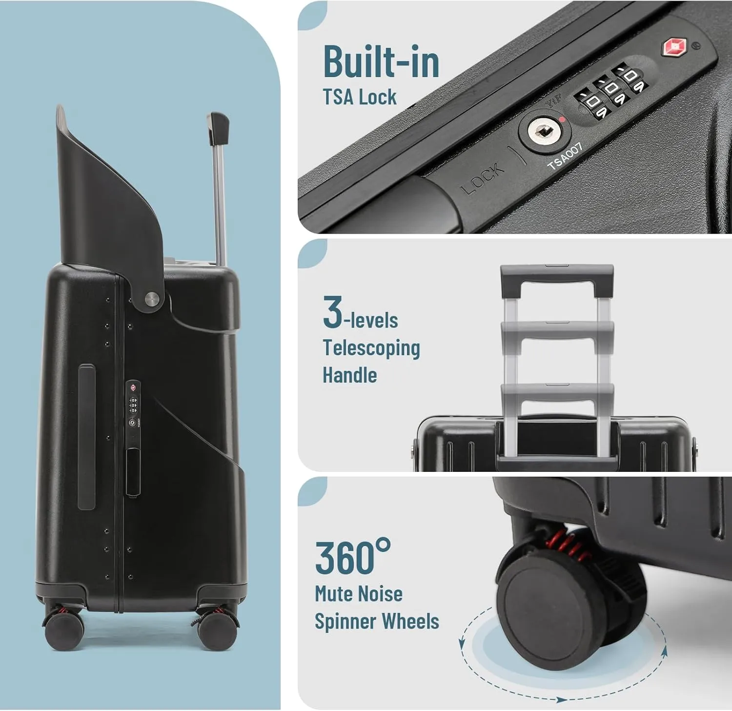 20" Carry On Luggage with Foldable Seat for Child and Adult,TSA Lock Lockable 360 Spinner Wheels Kid Luggage,Travel Suitcase Safety Seatbelt Free Luggage Cover (Black Carry on with Foldable Seat)