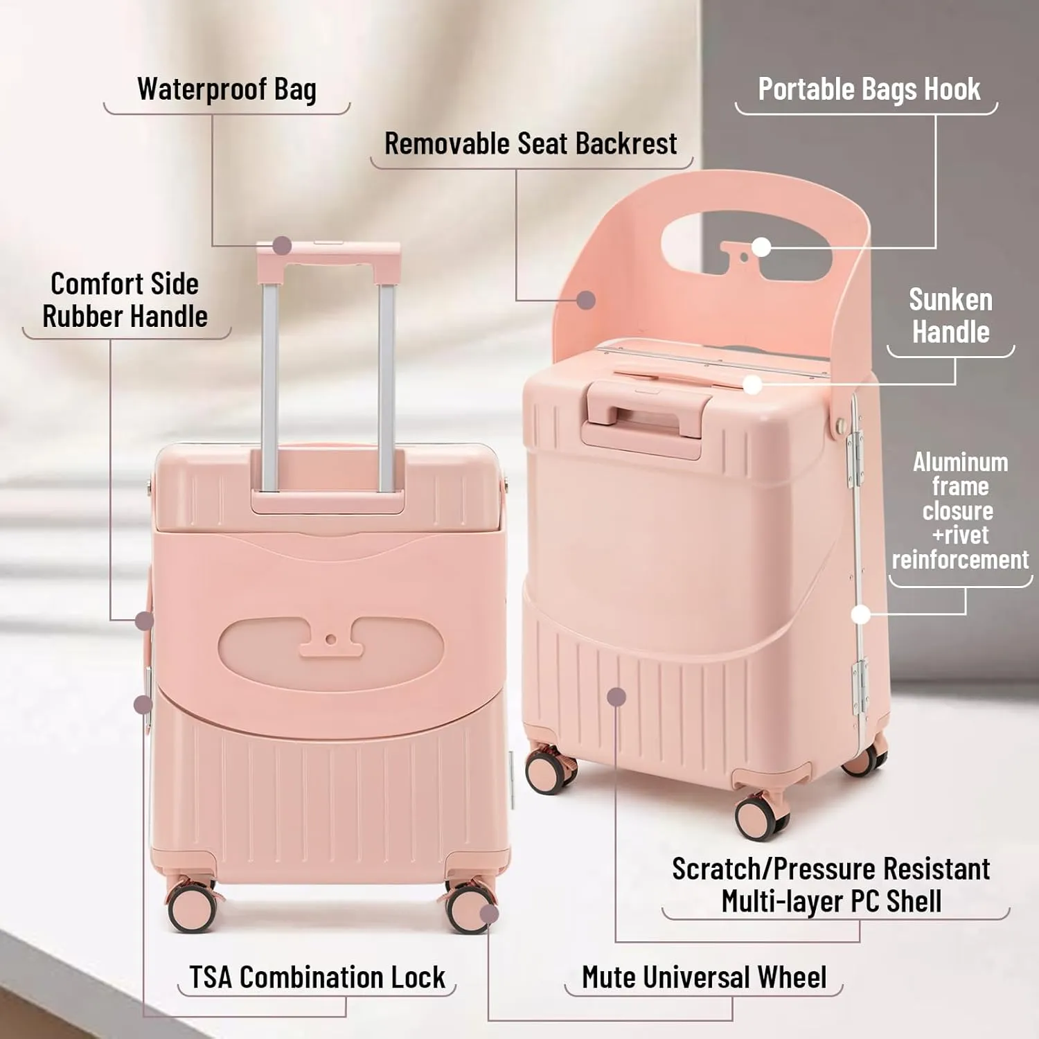 20" Carry On Luggage with Foldable Seat for Child and Adult,TSA Lock Lockable 360 Spinner Wheels Kid Luggage,Travel Suitcase Safety Seatbelt Free Luggage Cover (Pink Carry on with Foldable Seat)