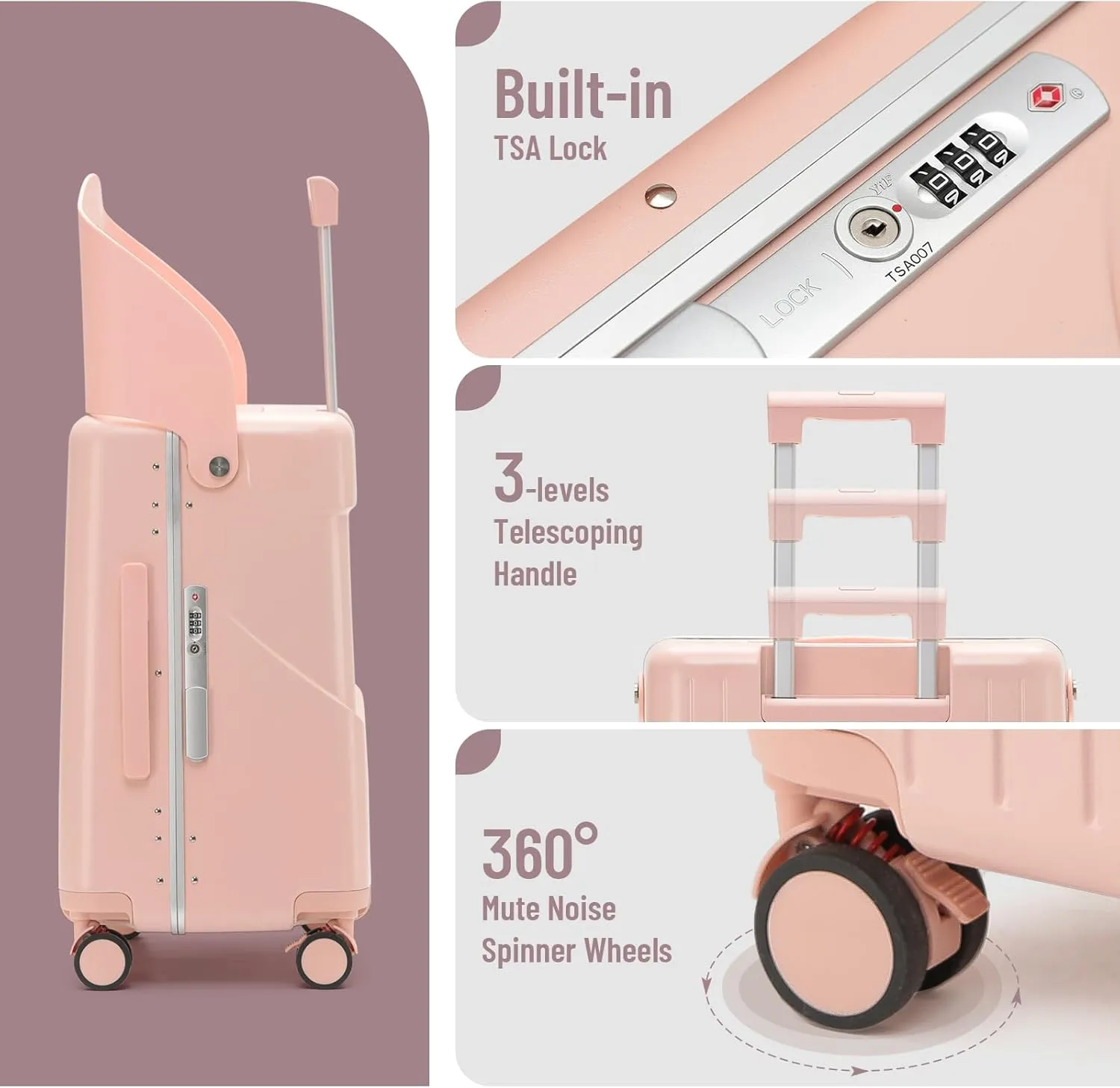 20" Carry On Luggage with Foldable Seat for Child and Adult,TSA Lock Lockable 360 Spinner Wheels Kid Luggage,Travel Suitcase Safety Seatbelt Free Luggage Cover (Pink Carry on with Foldable Seat)