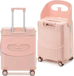 20" Carry On Luggage with Foldable Seat for Child and Adult,TSA Lock Lockable 360 Spinner Wheels Kid Luggage,Travel Suitcase Safety Seatbelt Free Luggage Cover (Pink Carry on with Foldable Seat)