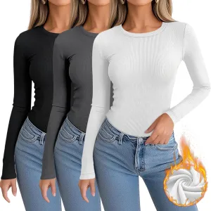 3 Pack Women's Ribbed Long Sleeve Thermal Tops Thin Fleece Lined Crew Neck Shirts Warm Winter Basic Undershirt Tee