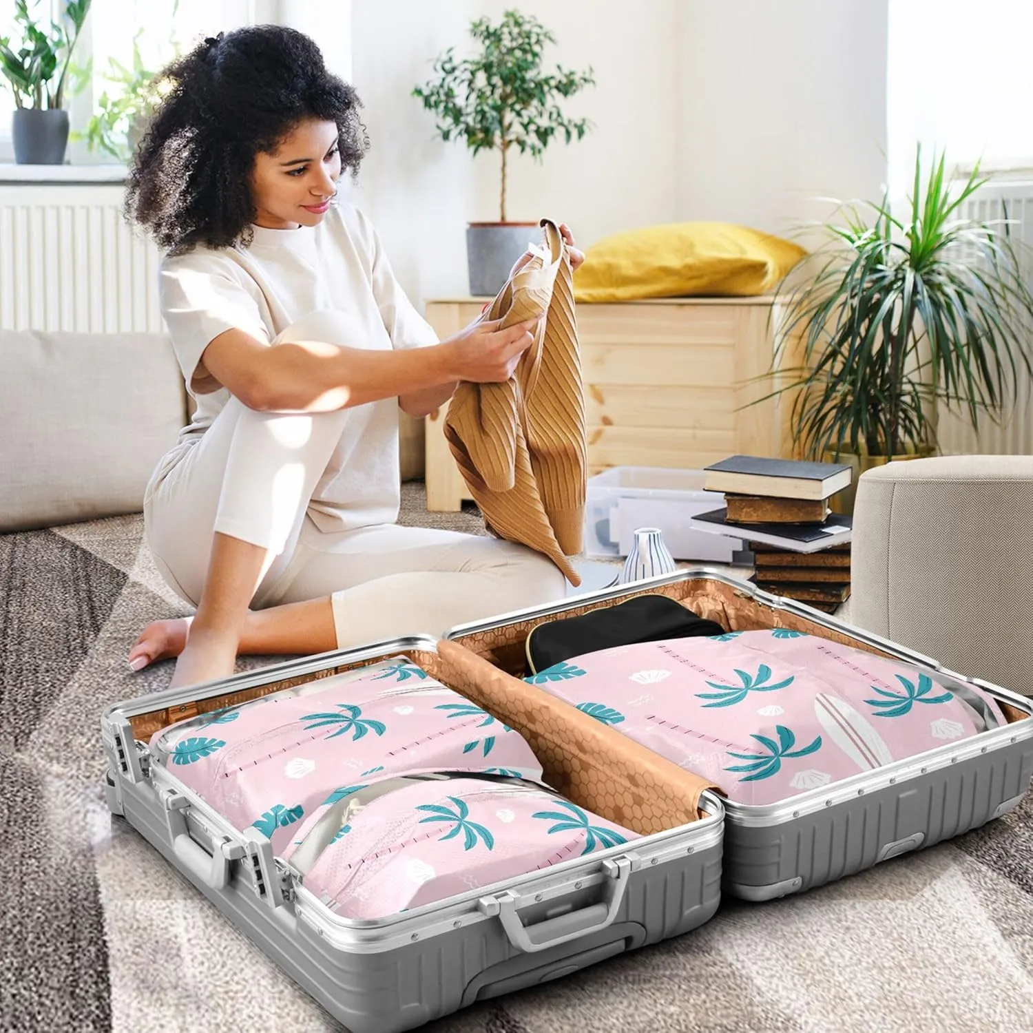 3 Set Packing Cubes Luggage Packing Organizers Pink and Green Palm Trees Pattern Travel Packing Storage Bags for Suitcase Travel Accessories