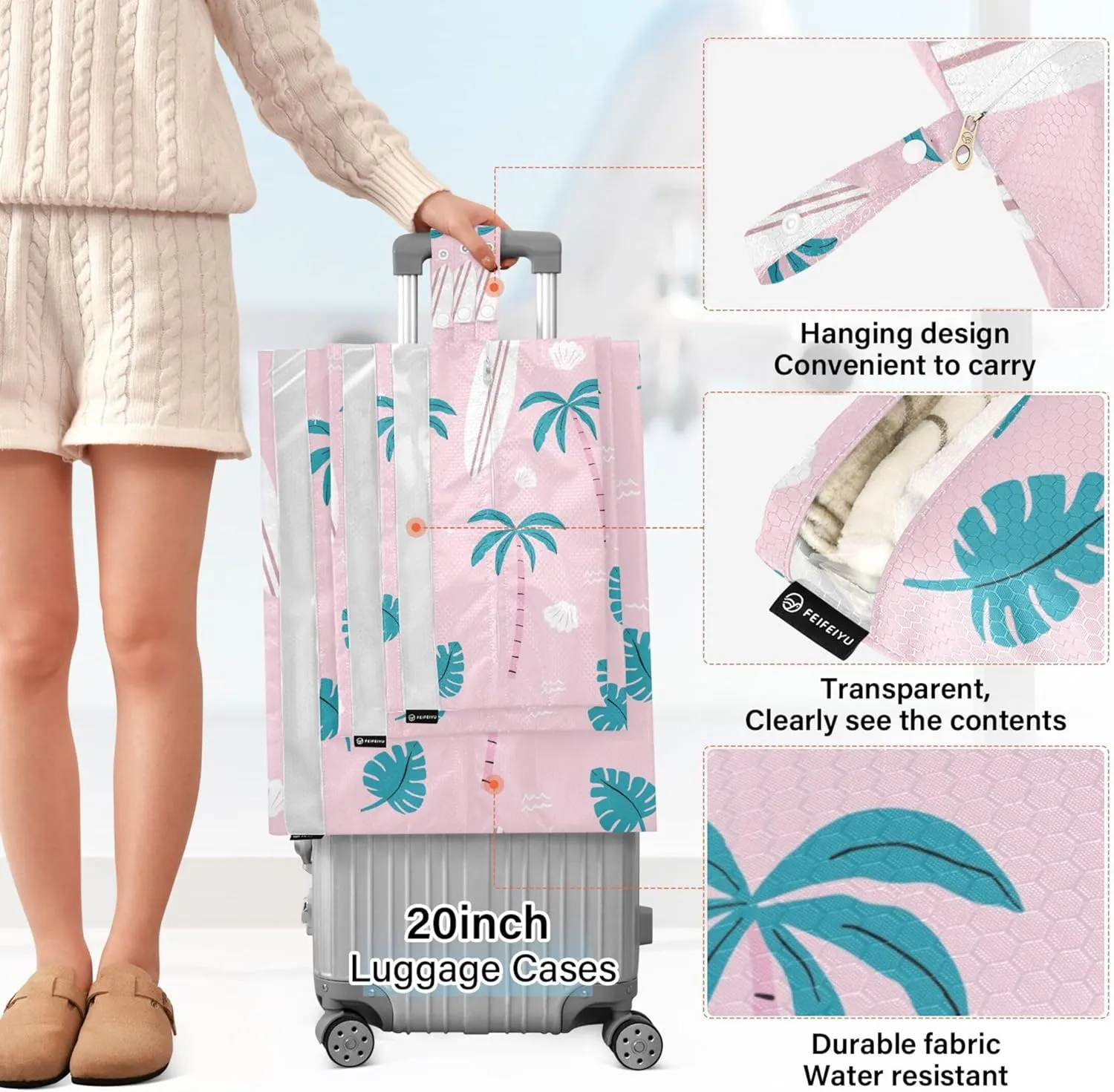 3 Set Packing Cubes Luggage Packing Organizers Pink and Green Palm Trees Pattern Travel Packing Storage Bags for Suitcase Travel Accessories
