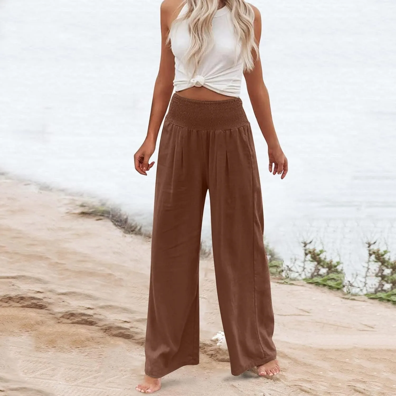 4th of July Wide Leg Pants for Women Patriotic Elastic Waist Independence Day Red White and Blue Pants with Pockets