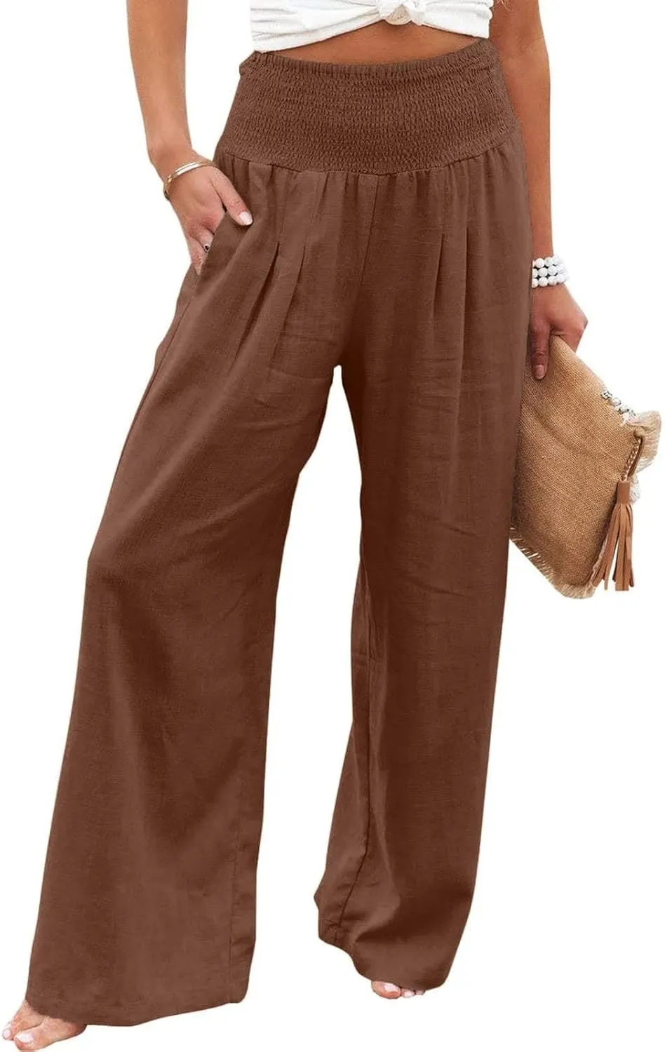 4th of July Wide Leg Pants for Women Patriotic Elastic Waist Independence Day Red White and Blue Pants with Pockets