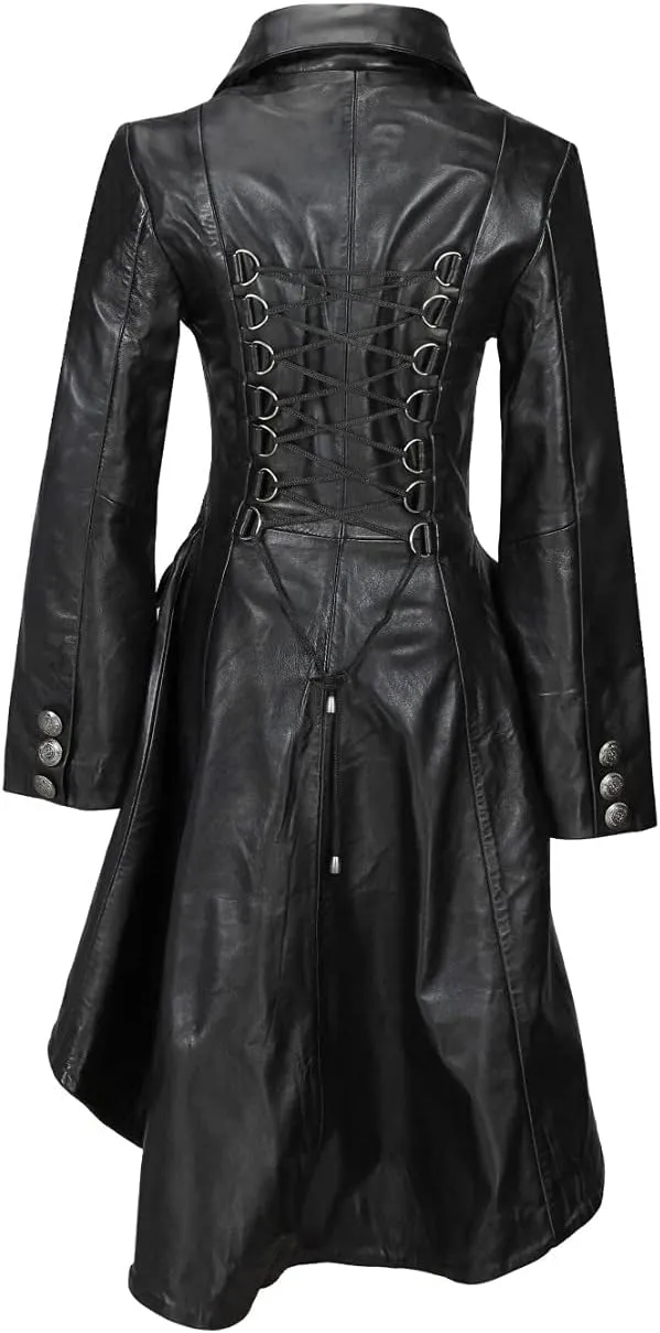 A&R Collection Womens Real Leather Goth Matrix Trench Coat Steampunk Gothic Real Leather Coat | Leather Jacket For Women