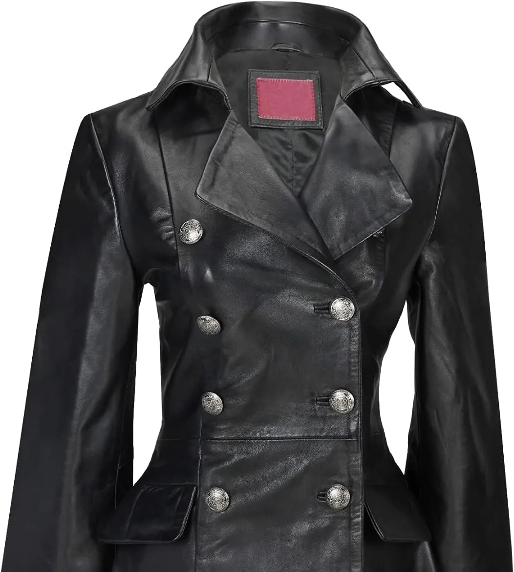 A&R Collection Womens Real Leather Goth Matrix Trench Coat Steampunk Gothic Real Leather Coat | Leather Jacket For Women
