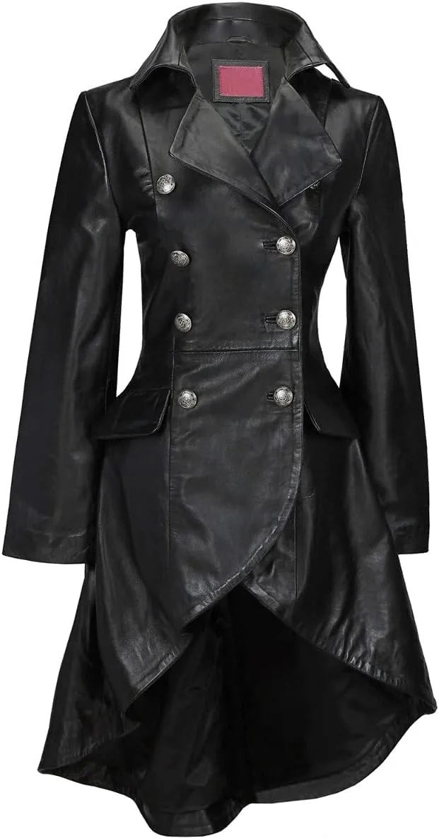 A&R Collection Womens Real Leather Goth Matrix Trench Coat Steampunk Gothic Real Leather Coat | Leather Jacket For Women
