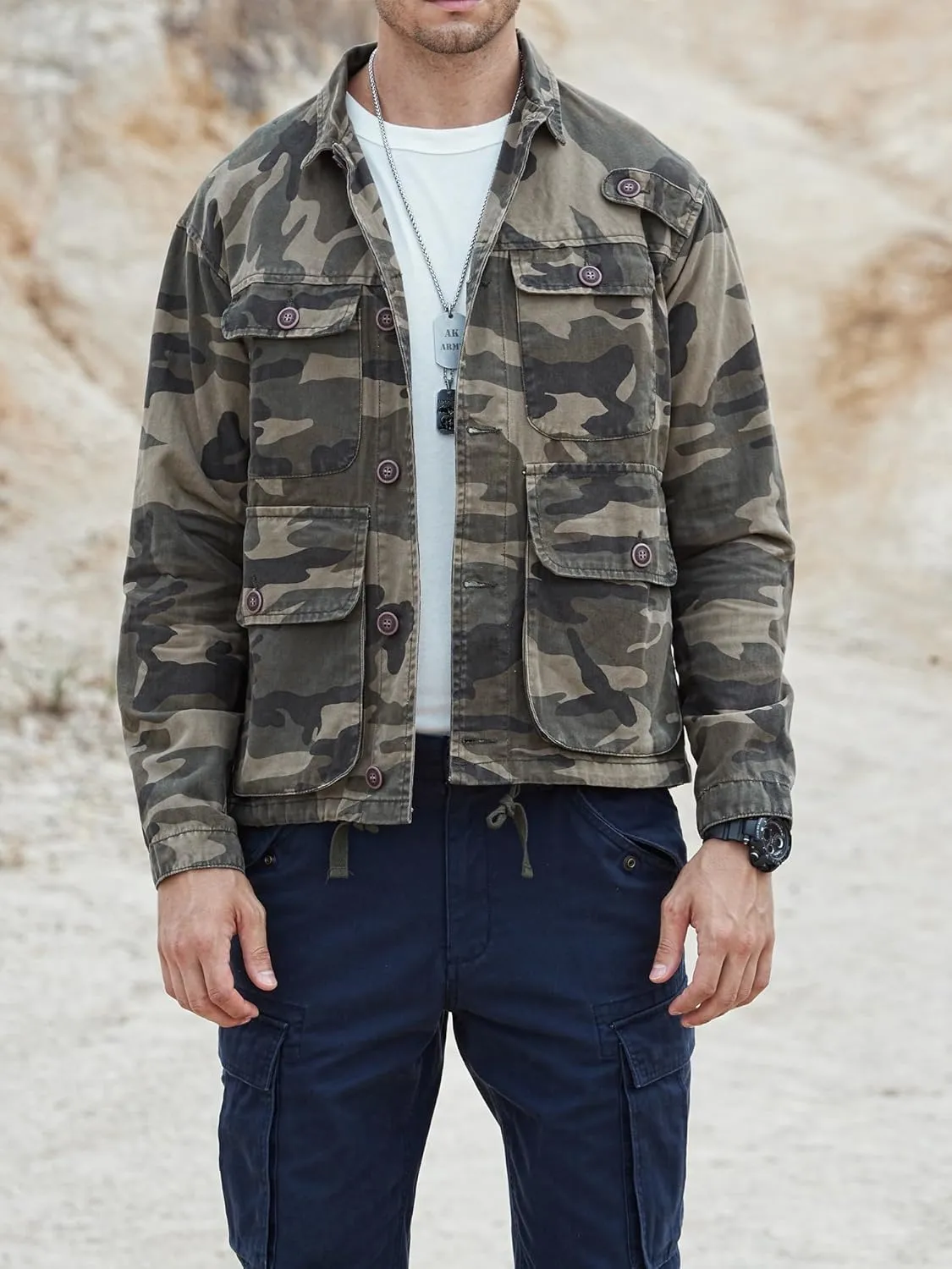 AKHKING Men's Camo Jacket M65 BDU Military Field Jacket Cotton Tactical Combat Army With Multi-Pockets Coat