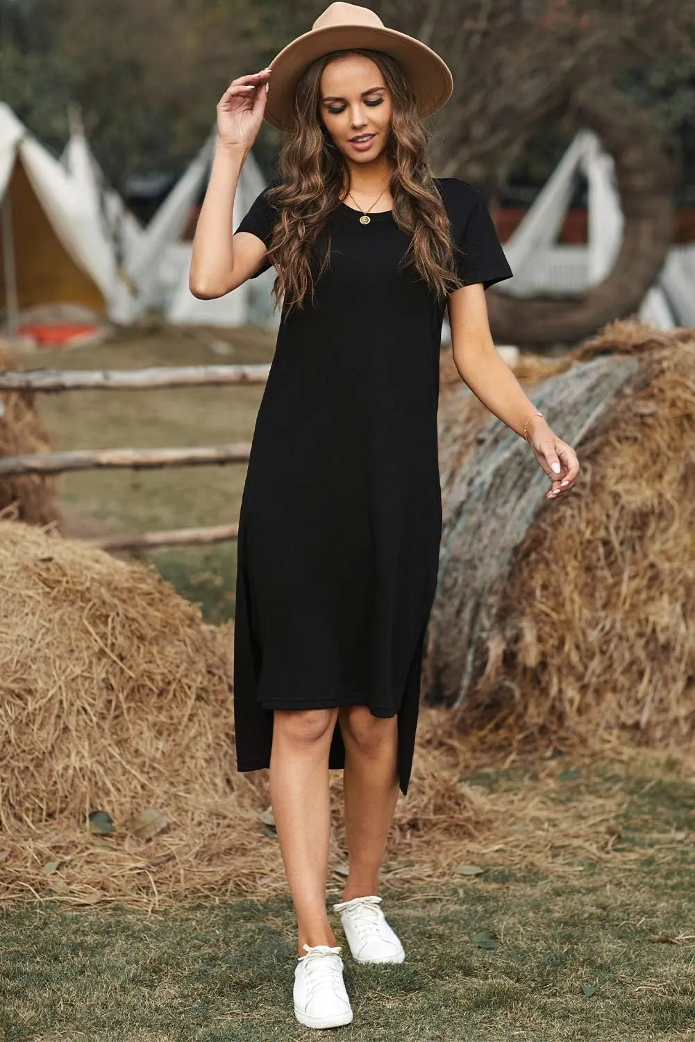 Alaster Womens Casual T-Shirt Midi Dress 2025 Short Sleeve Summer High Splits Dress with Pocket High Low Solid Midi Dress