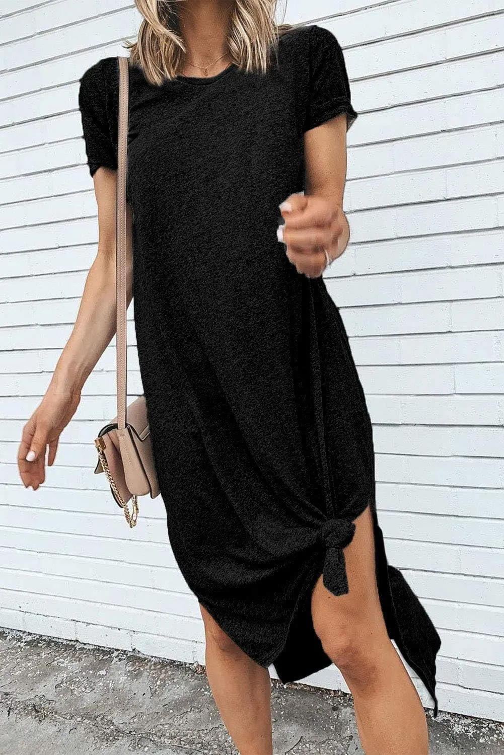Alaster Womens Casual T-Shirt Midi Dress 2025 Short Sleeve Summer High Splits Dress with Pocket High Low Solid Midi Dress